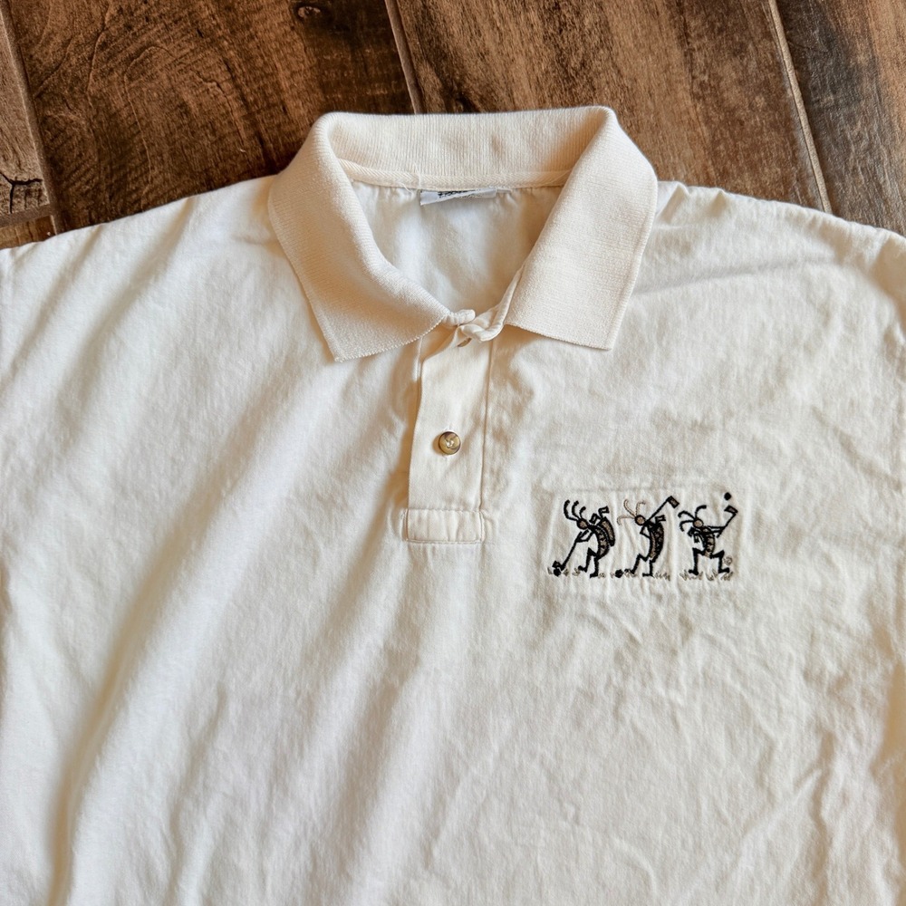 4Fun Originals Vintage Mens Kokopelli Embroidered Golf Polo,Cream, M